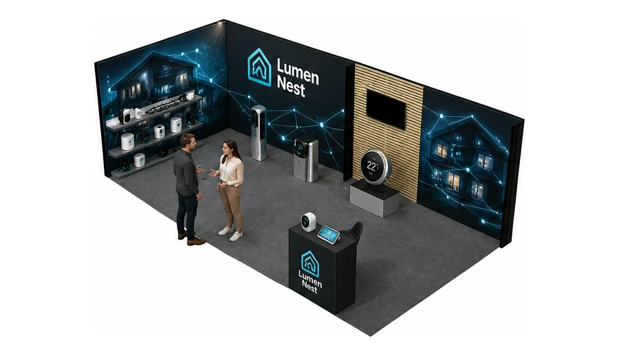Stoisko 8 × 4 m narożne lewe dla branży smart home i IoT, przykładowa marka Lumen Nest