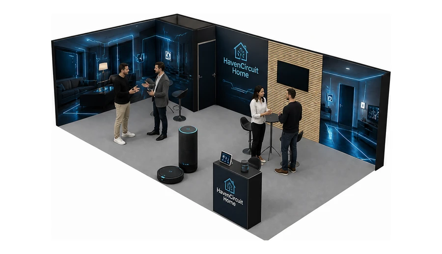 Stoisko 8 × 4 m narożne lewe dla branży smart home i IoT, przykładowa marka HavenCircuit Home