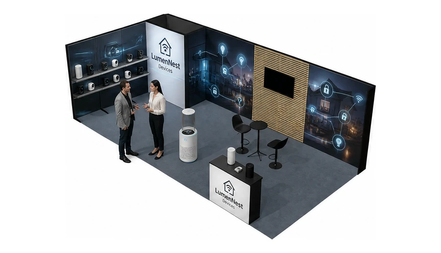 Stoisko 8 × 4 m narożne lewe dla branży smart home i IoT, przykładowa marka LumenNest Devices