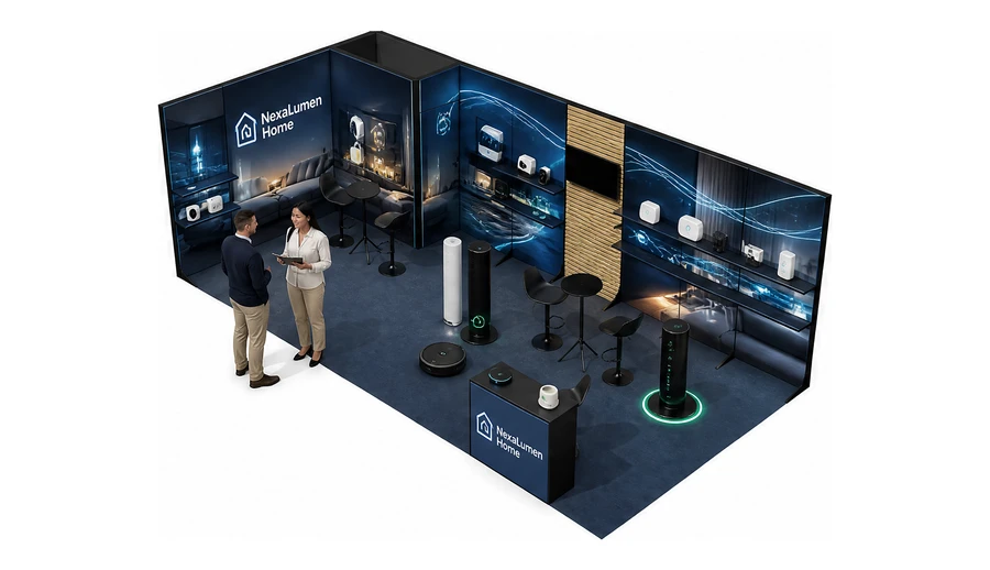 Stoisko 8 × 4 m narożne lewe dla branży smart home i IoT, przykładowa marka NexaLumen Home