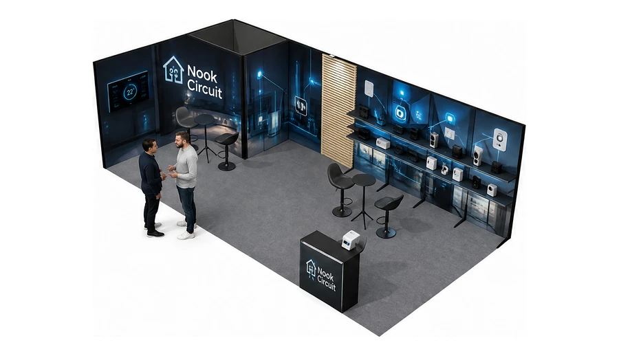 Stoisko 8 × 4 m narożne lewe dla branży smart home i IoT, przykładowa marka Nook Circuit