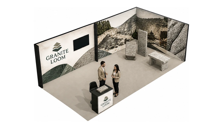 Stoisko 8 × 4 m narożne prawe dla branży kamień i kamieniarstwo, przykładowa marka Granite Loom