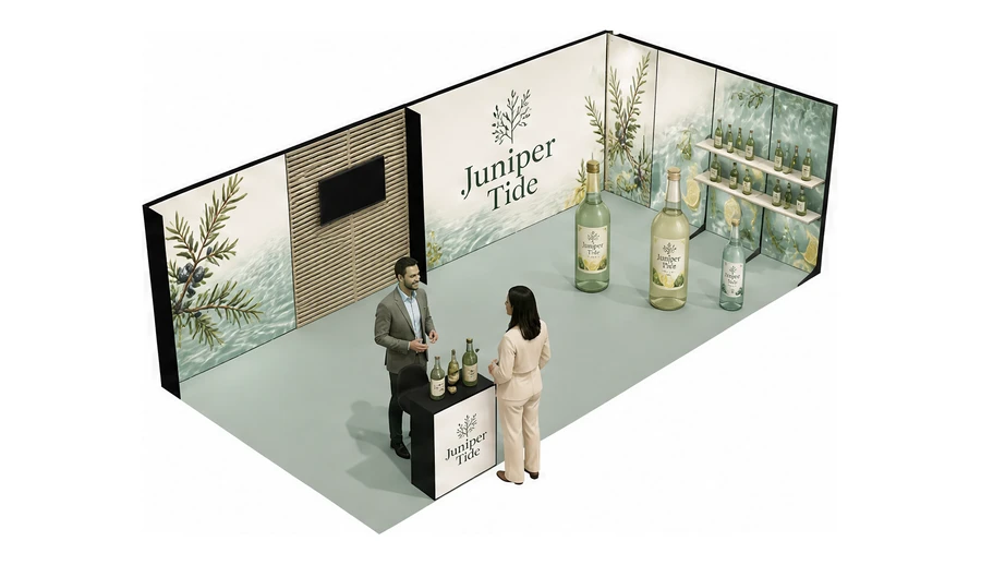 Stoisko 8 × 4 m narożne prawe dla branży napoje, przykładowa marka Juniper Tide