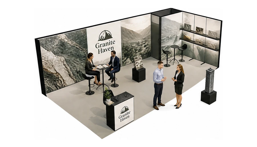 Stoisko 8 × 4 m narożne prawe dla branży kamień i kamieniarstwo, przykładowa marka Granite Haven