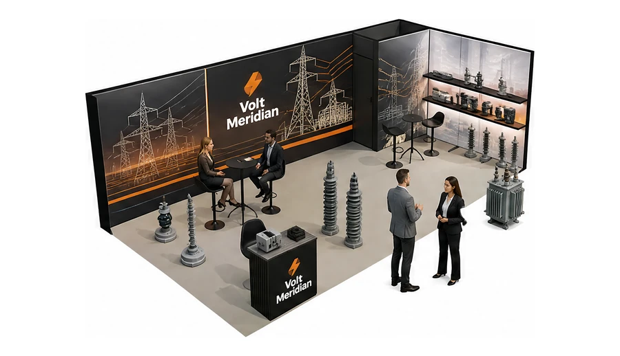 Stoisko 8 × 4 m narożne prawe dla branży energetyka i sieci, przykładowa marka Volt Meridian