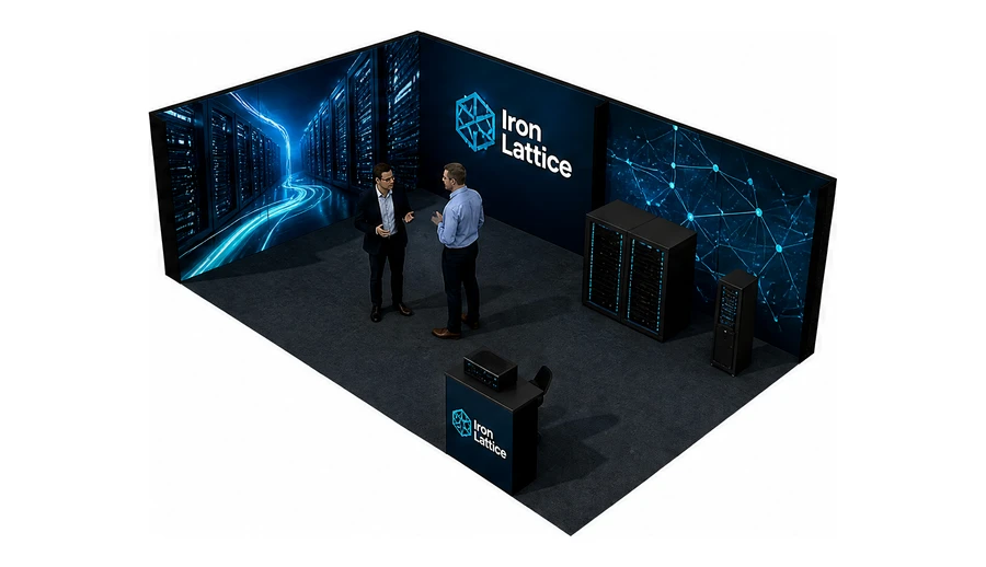 Stoisko 8 × 5 m narożne lewe dla branży infrastruktura IT i data center, przykładowa marka Iron Lattice