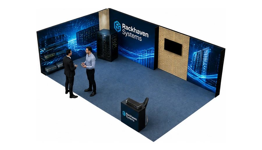 Stoisko 8 × 5 m narożne lewe dla branży infrastruktura IT i data center, przykładowa marka Rackhaven Systems