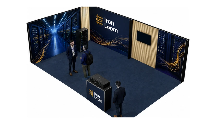 Stoisko 8 × 5 m narożne lewe dla branży infrastruktura IT i data center, przykładowa marka Iron Loom