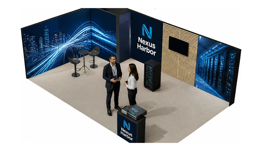 Stoisko 8 × 5 m narożne lewe dla branży infrastruktura IT i data center, przykładowa marka Nexus Harbor