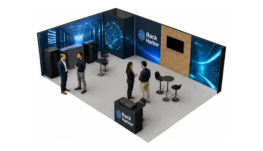 Stoisko 8 × 5 m narożne lewe dla branży infrastruktura IT i data center, przykładowa marka Rack Harbor
