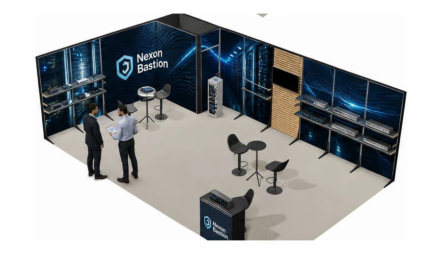 Stoisko 8 × 5 m narożne lewe dla branży infrastruktura IT i data center, przykładowa marka Nexon Bastion