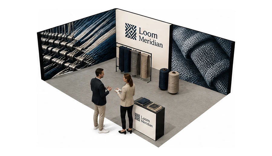 Stoisko 8 × 6 m narożne lewe dla branży tekstylia i tkaniny, przykładowa marka Loom Meridian