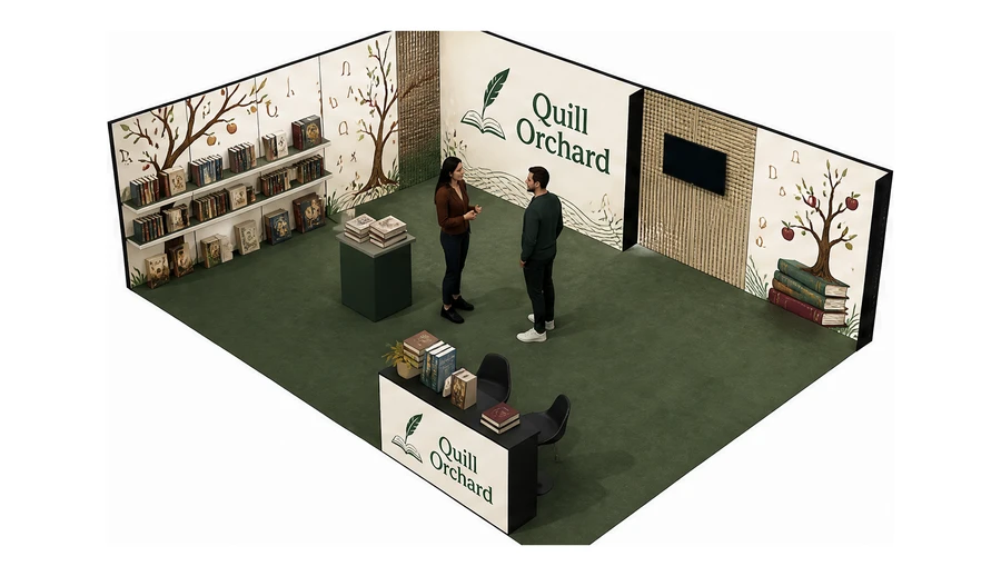 Stoisko 8 × 6 m narożne lewe dla branży wydawnictwa, przykładowa marka Quill Orchard