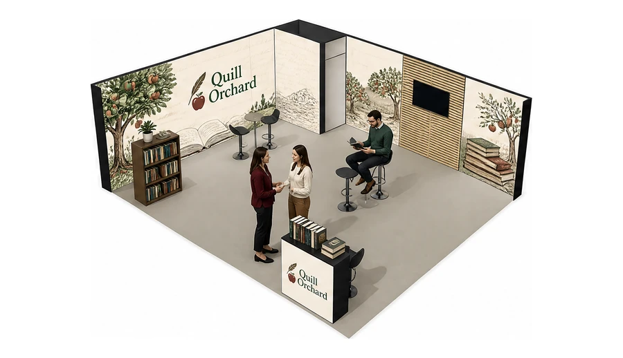 Stoisko 8 × 6 m narożne lewe dla branży wydawnictwa, przykładowa marka Quill Orchard