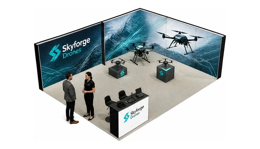 Stoisko 8 × 6 m narożne prawe dla branży drony i robotyka, przykładowa marka Skyforge Drones