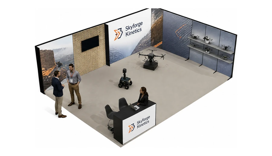 Stoisko 8 × 6 m narożne prawe dla branży drony i robotyka, przykładowa marka Skyforge Kinetics