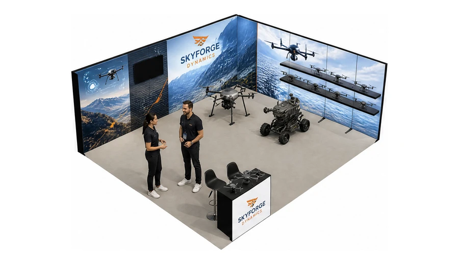 Stoisko 8 × 6 m narożne prawe dla branży drony i robotyka, przykładowa marka Skyforge Dynamics