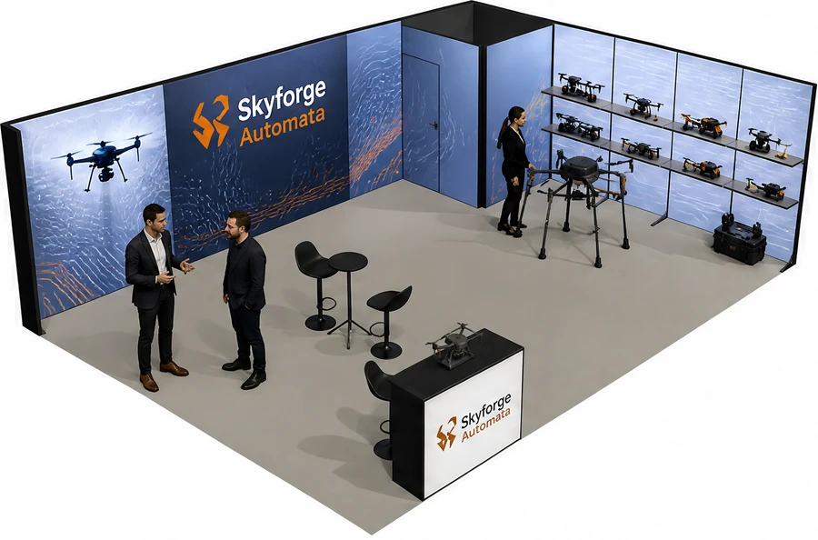 Stoisko 8 × 6 m narożne prawe dla branży drony i robotyka, przykładowa marka Skyforge Automata