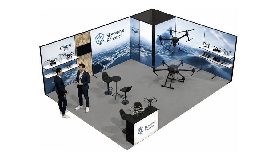 Stoisko 8 × 6 m narożne prawe dla branży drony i robotyka, przykładowa marka Skyweave Robotics