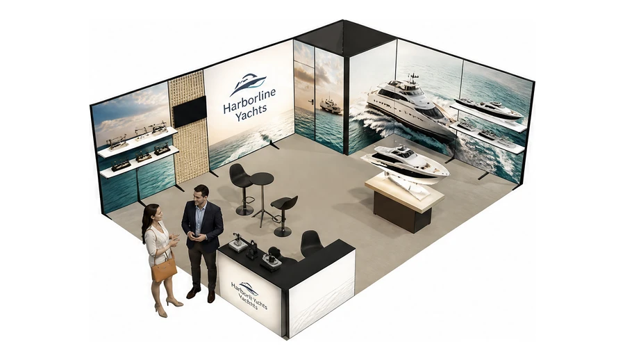 Stoisko 8 × 6 m narożne prawe dla branży jachty i łodzie, przykładowa marka Harborline Yachts