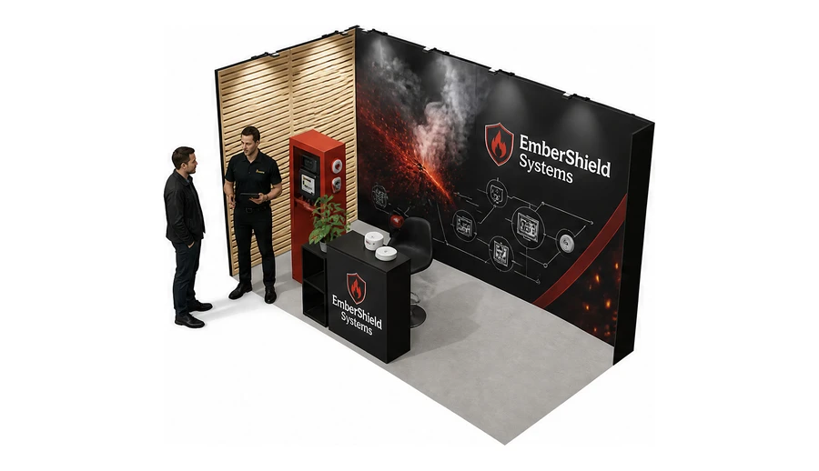 Stoisko 4 × 2 m narożne lewe dla branży ochrona przeciwpożarowa, przykładowa marka EmberShield Systems