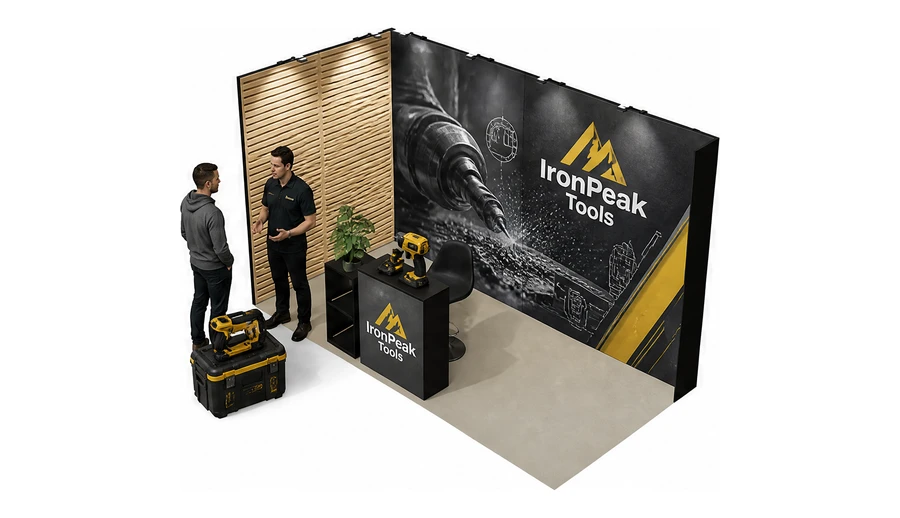 Stoisko 4 × 2 m narożne lewe dla branży elektronarzędzia, przykładowa marka IronPeak Tools