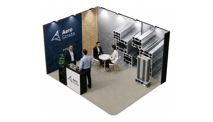 Stoisko 4 × 3 m narożne lewe dla branży profile aluminiowe, przykładowa marka Aero Strata