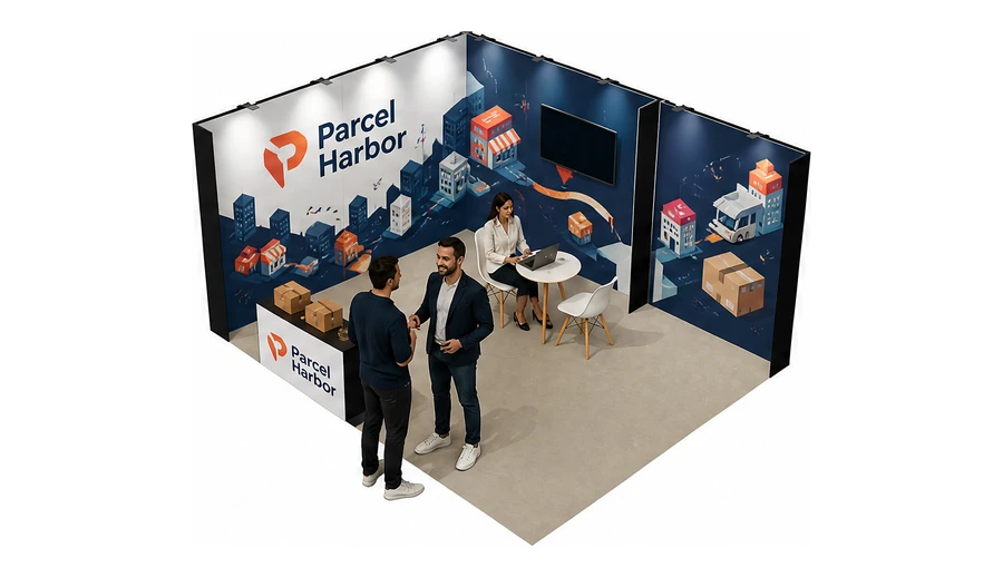 Stoisko 5 × 4 m narożne lewe dla branży e-commerce, przykładowa marka Parcel Harbor