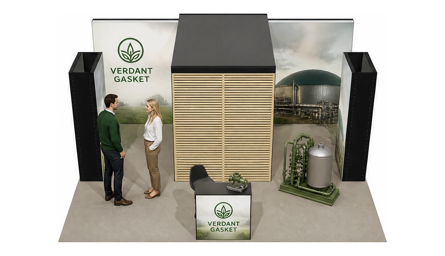 Stoisko 6 × 5 m półwyspowe dla branży biogaz i OZE, przykładowa marka Verdant Gasket
