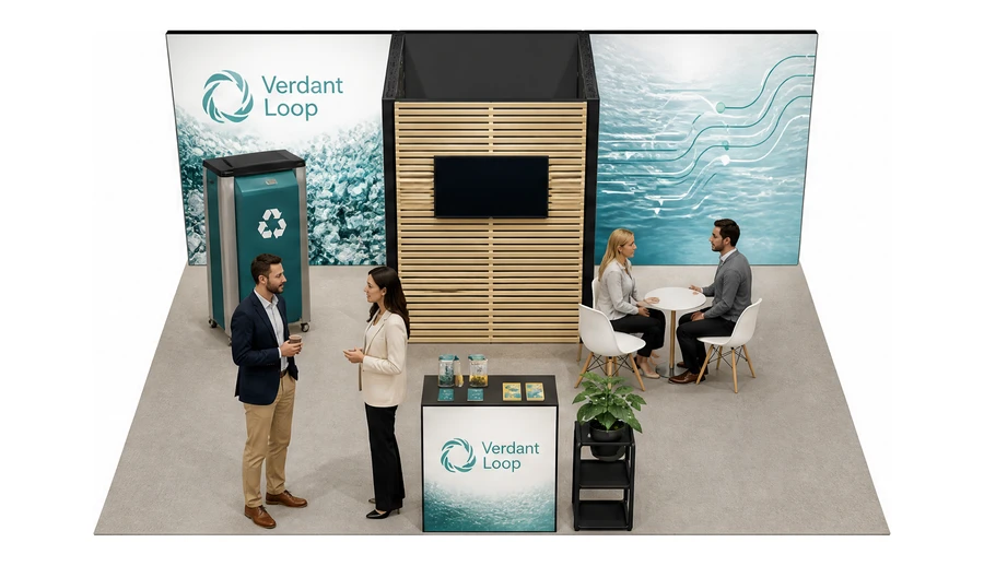 Stoisko 6 × 5 m półwyspowe dla branży recykling i ochrona środowiska, przykładowa marka Verdant Loop