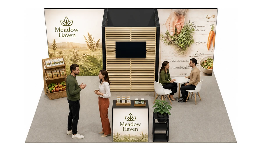Stoisko 6 × 5 m półwyspowe dla branży żywność ekologiczna, przykładowa marka Meadow Haven