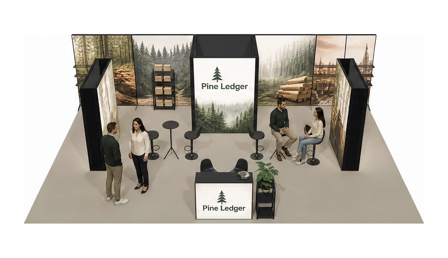 Stoisko 10 × 6 m półwyspowe dla branży leśnictwo i przemysł drzewny, przykładowa marka Pine Ledger