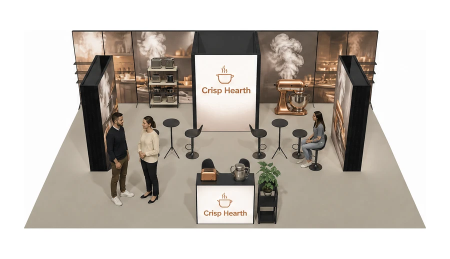 Stoisko 10 × 6 m półwyspowe dla branży sprzęt kuchenny i AGD, przykładowa marka Crisp Hearth