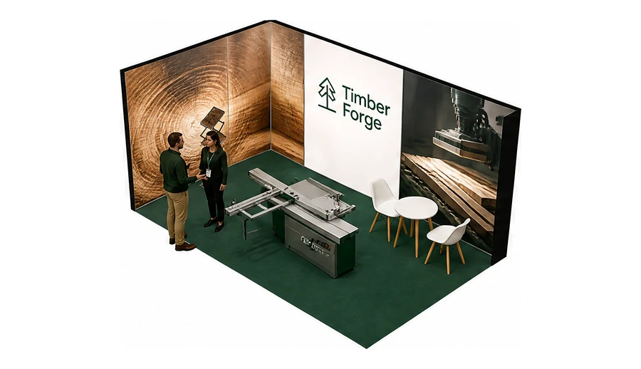 Stoisko 5 × 3 m narożne lewe dla branży maszyny do obróbki drewna, przykładowa marka Timber Forge