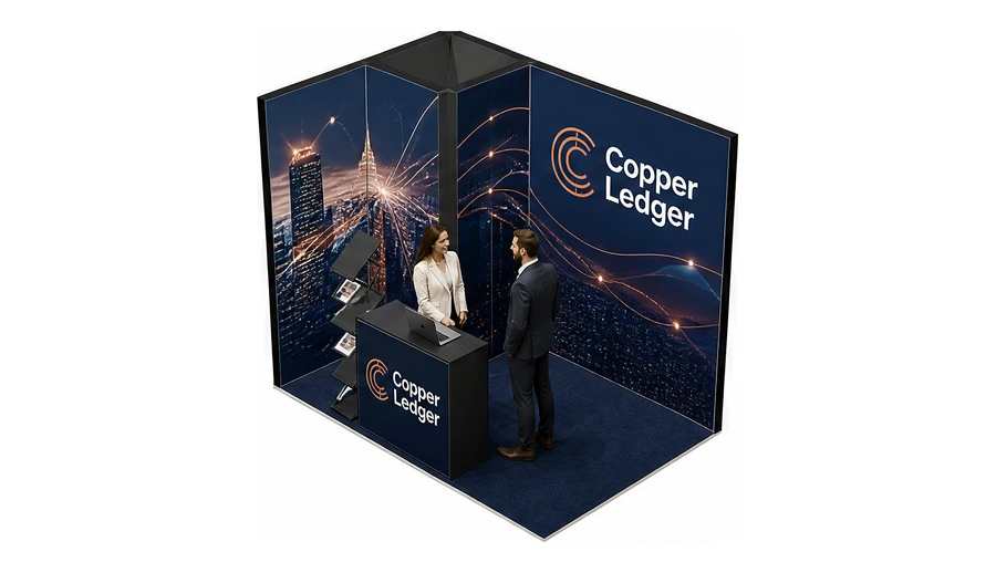Stoisko 3 × 2 m narożne lewe dla branży płatności online, przykładowa marka Copper Ledger