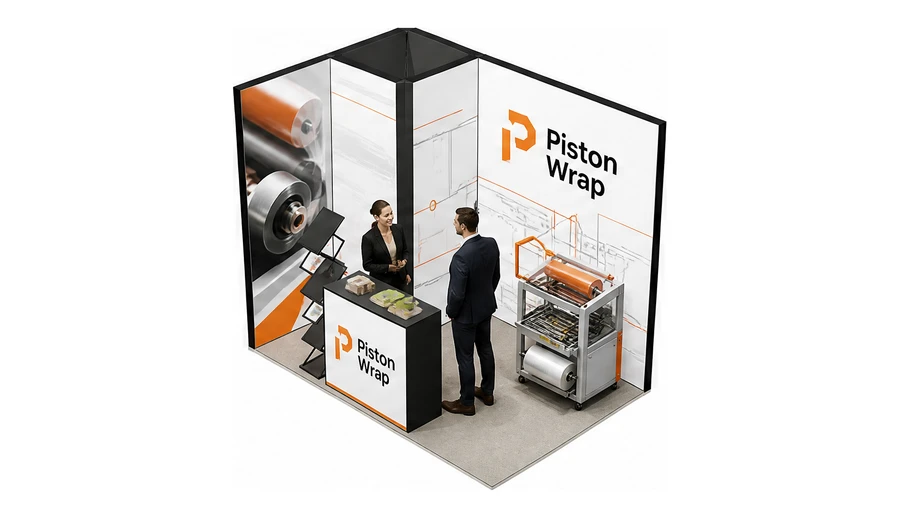 Stoisko 3 × 2 m narożne lewe dla branży maszyny pakujące, przykładowa marka Piston Wrap