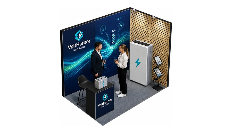 Stoisko 3 × 2 m narożne prawe dla branży magazyny energii, przykładowa marka VoltHarbor Storage