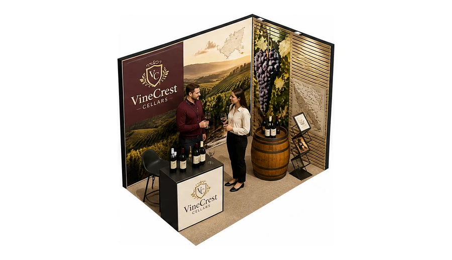 Stoisko 3 × 2 m narożne prawe dla branży winnica, przykładowa marka VineCrest Cellars