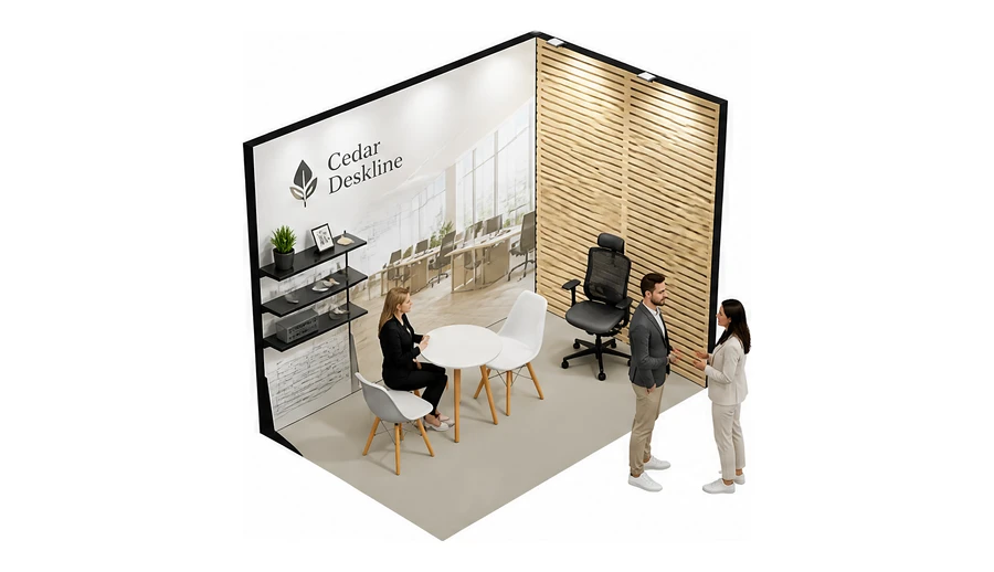 Stoisko 3 × 2 m narożne prawe dla branży meble biurowe, przykładowa marka Cedar Deskline