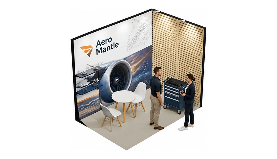 Stoisko 3 × 2 m narożne prawe dla branży lotnictwo, przykładowa marka Aero Mantle