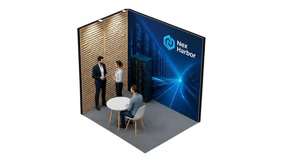 Stoisko 2 × 2 m narożne lewe dla branży infrastruktura IT i data center, przykładowa marka Nex Harbor