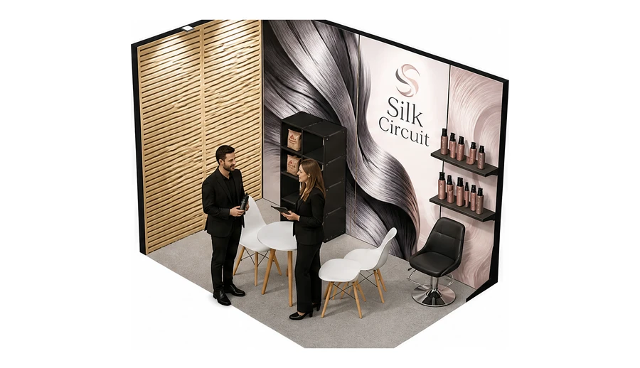 Stoisko 3 × 2 m narożne lewe dla branży fryzjerstwo i salony beauty, przykładowa marka Silk Circuit