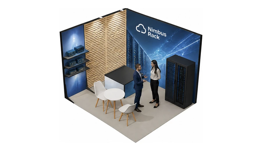 Stoisko 3 × 3 m narożne lewe dla branży infrastruktura IT i data center, przykładowa marka Nimbus Rack