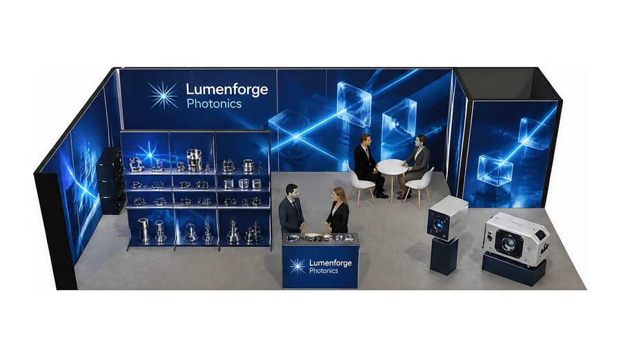 Stoisko 10 × 5 m narożne lewe dla branży technika laserowa i fotonika, przykładowa marka Lumenforge Photonics