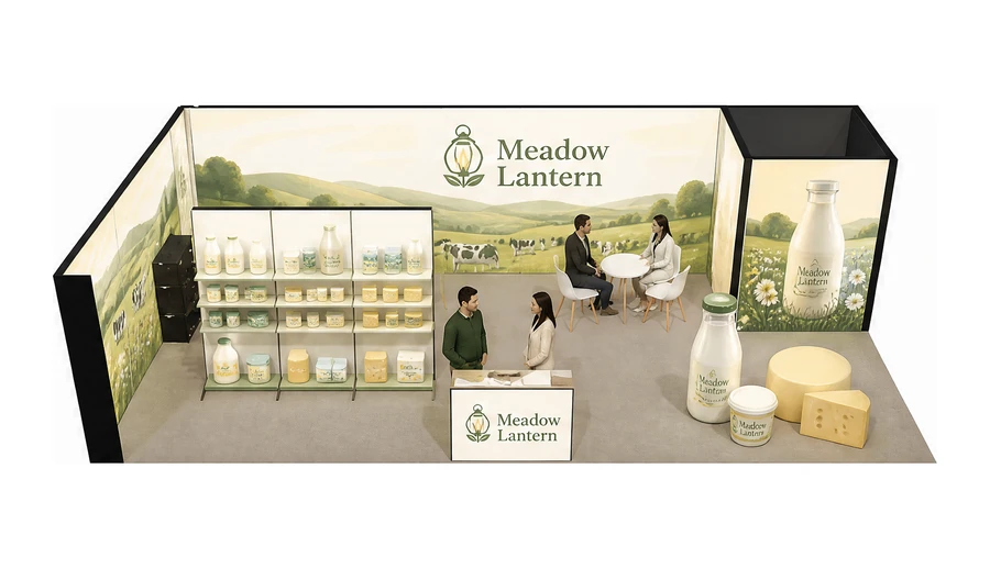 Stoisko 10 × 5 m narożne lewe dla branży nabiał i mleczarstwo, przykładowa marka Meadow Lantern
