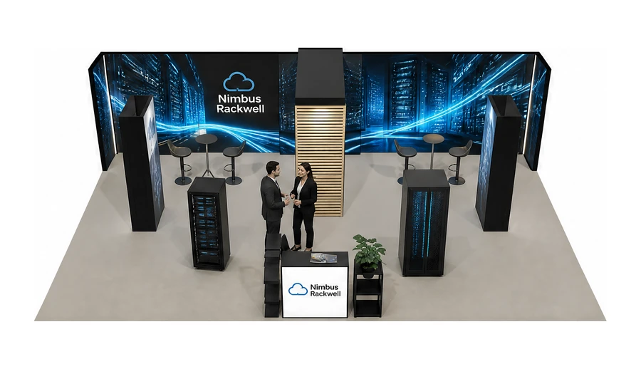 Stoisko 10 × 6 m półwyspowe dla branży infrastruktura IT i data center, przykładowa marka Nimbus Rackwell