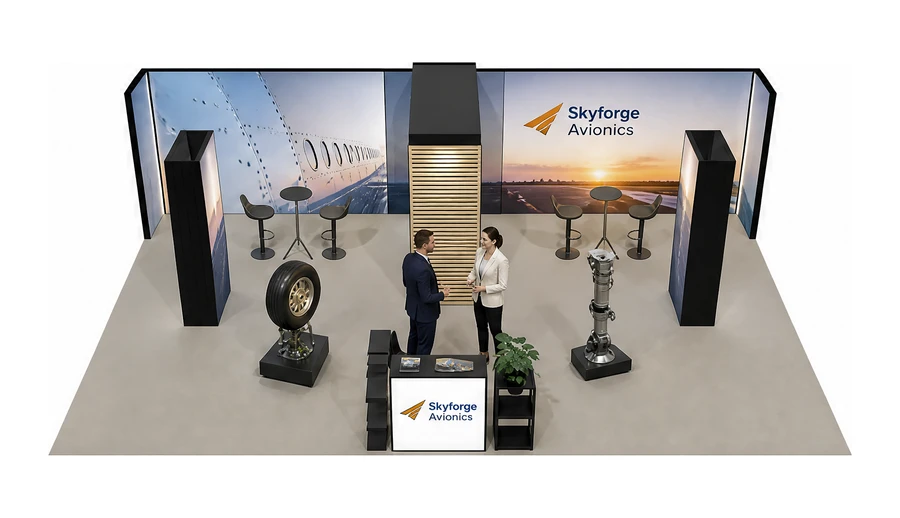 Stoisko 10 × 6 m półwyspowe dla branży lotnictwo, przykładowa marka Skyforge Avionics