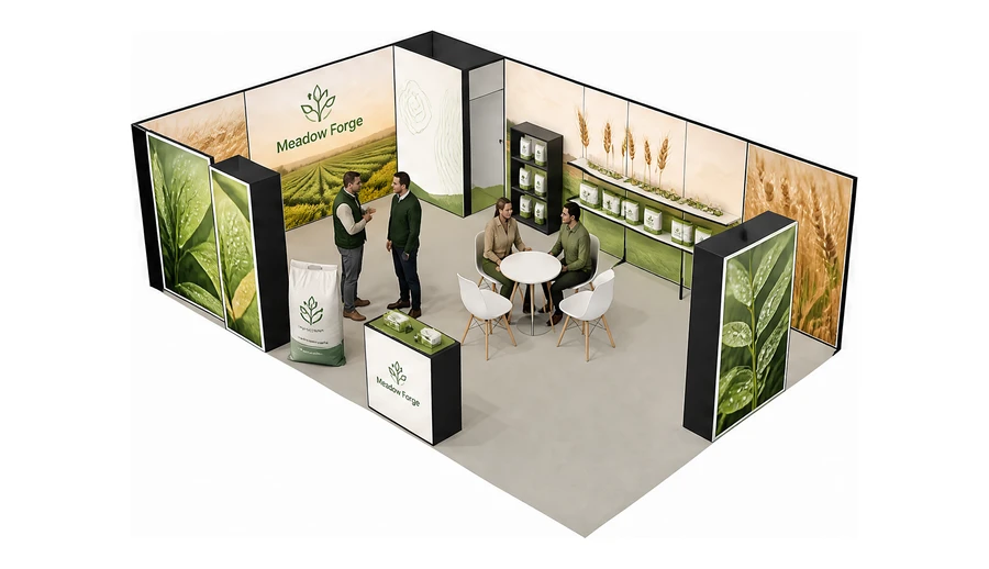 Stoisko 10 × 6 m narożne lewe dla branży nawozy i ochrona roślin, przykładowa marka Meadow Forge