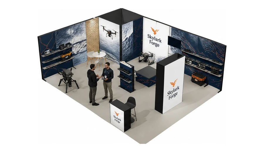 Stoisko 8 × 6 m narożne lewe dla branży drony i robotyka, przykładowa marka Skylark Forge
