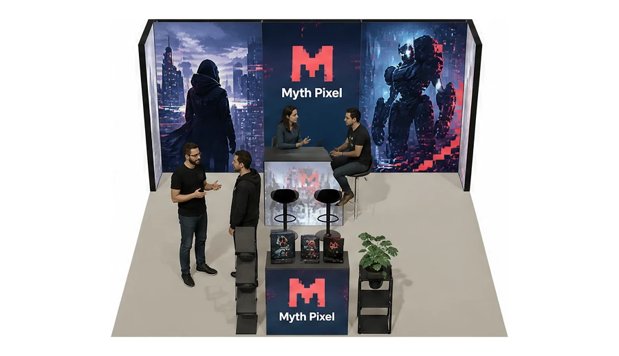 Stoisko 5 × 5 m półwyspowe dla branży gry wideo, przykładowa marka Myth Pixel